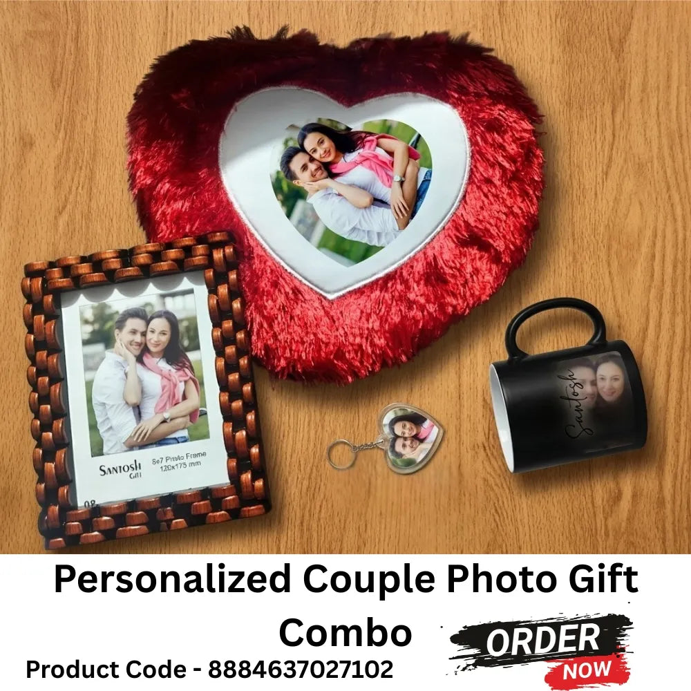 Personalized couple photo gift combo on a wooden surface with heart-shaped frame, mug, keychain, and photo frame.