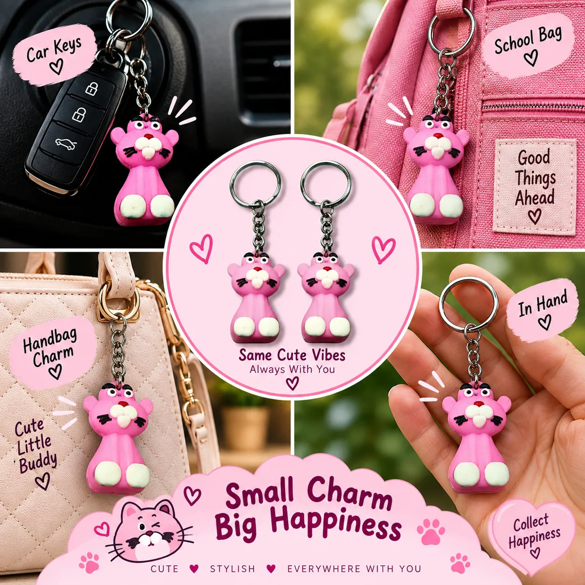 Pink Cartoon Character Keychain Set of 2 – Cute Pink Keyrings for Bags, Backpacks & Keys