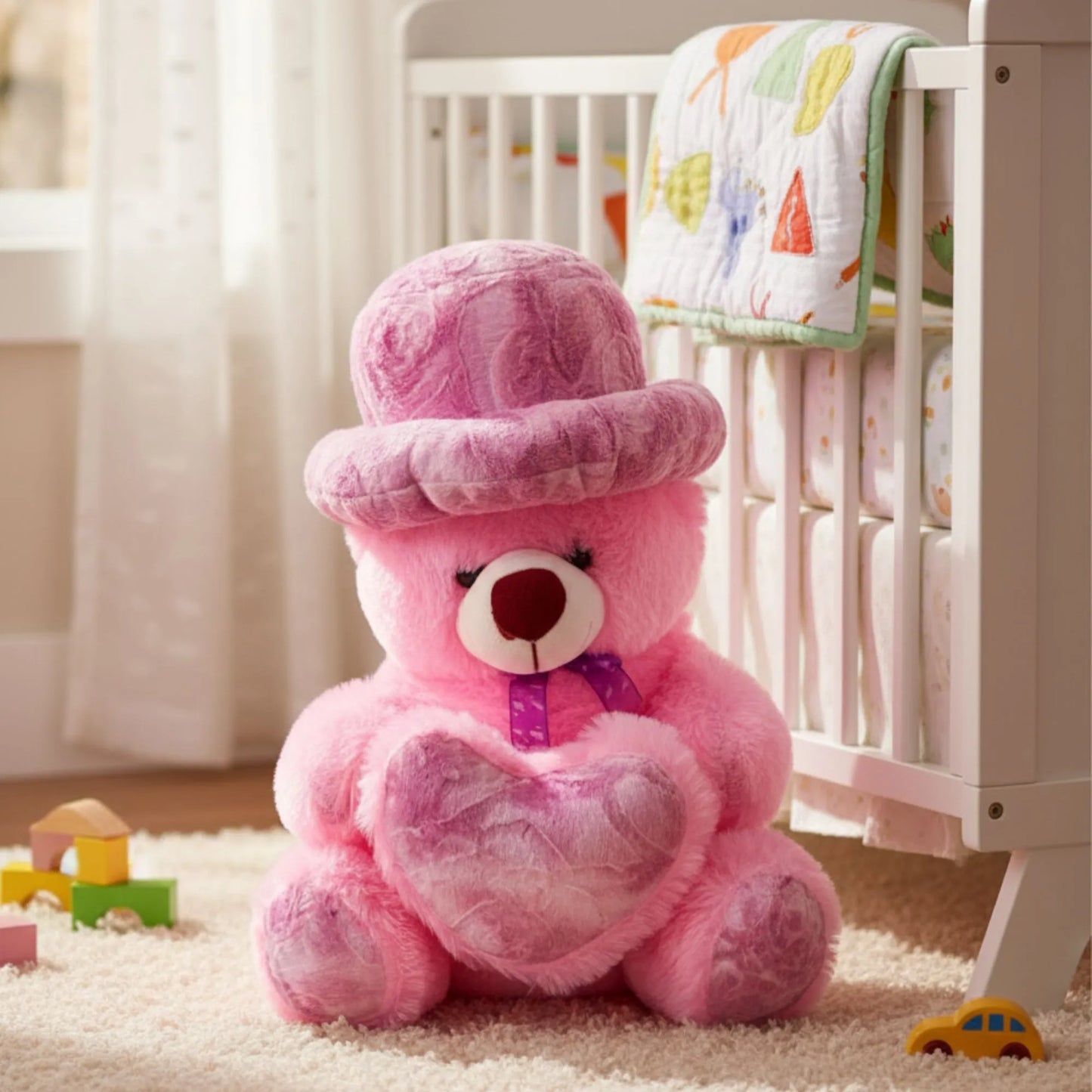 Pink Teddy Bear with Stylish Hat & Heart Cushion | Soft Plush Teddy Bear for Gifts, Kids & Home Décor