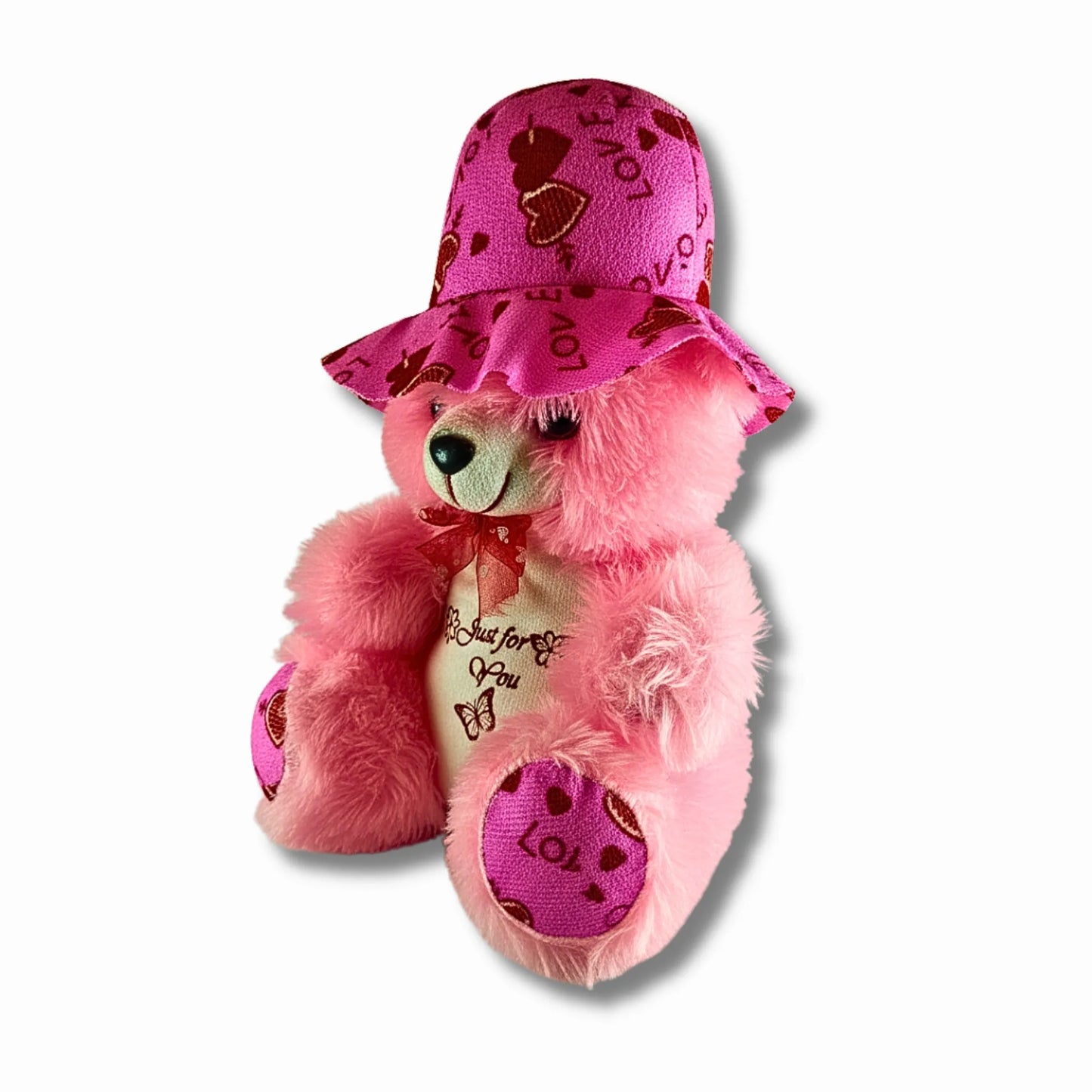 30cm Pink Teddy Bear with Love Print Hat | Soft Plush Teddy Gift for Girls, Kids, Valentine's Day & Special Occasions