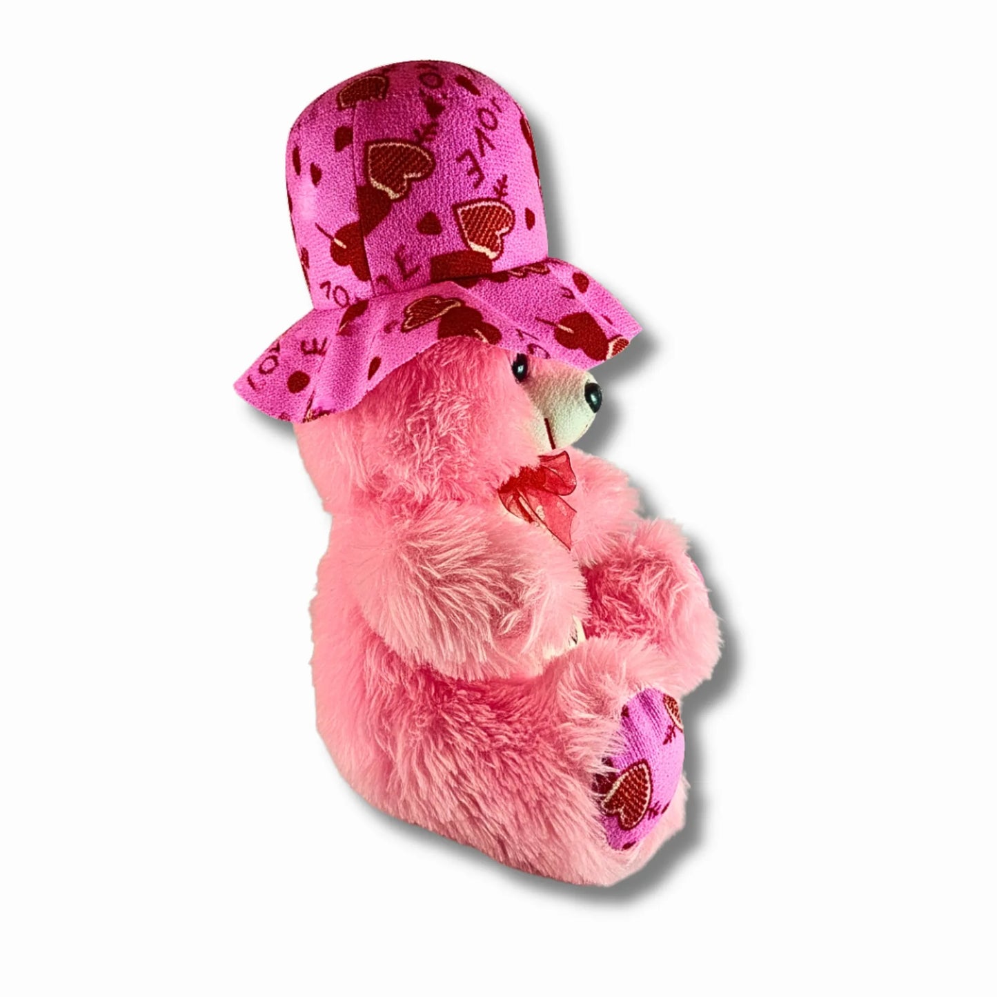 30cm Pink Teddy Bear with Love Print Hat | Soft Plush Teddy Gift for Girls, Kids, Valentine's Day & Special Occasions