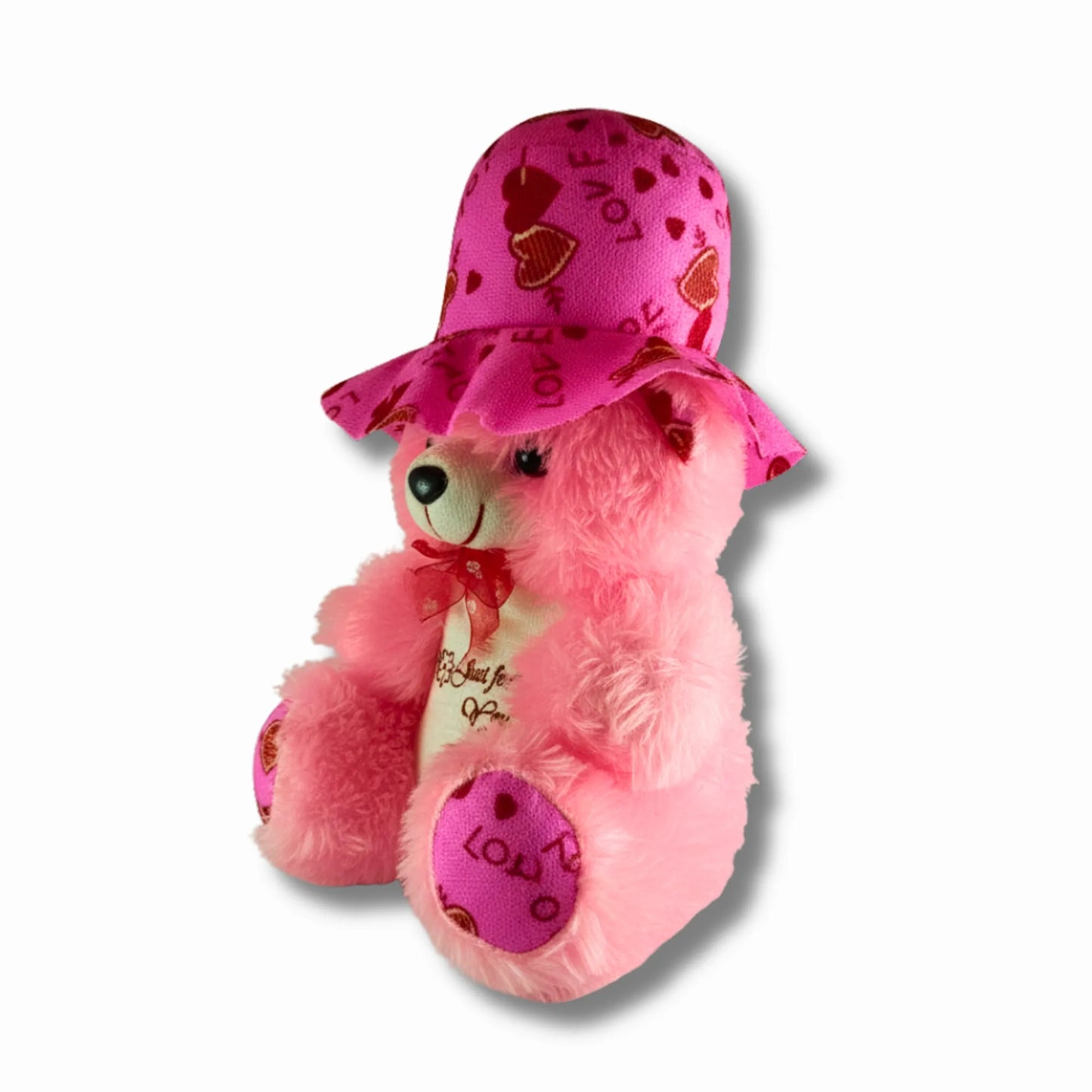 30cm Pink Teddy Bear with Love Print Hat | Soft Plush Teddy Gift for Girls, Kids, Valentine's Day & Special Occasions