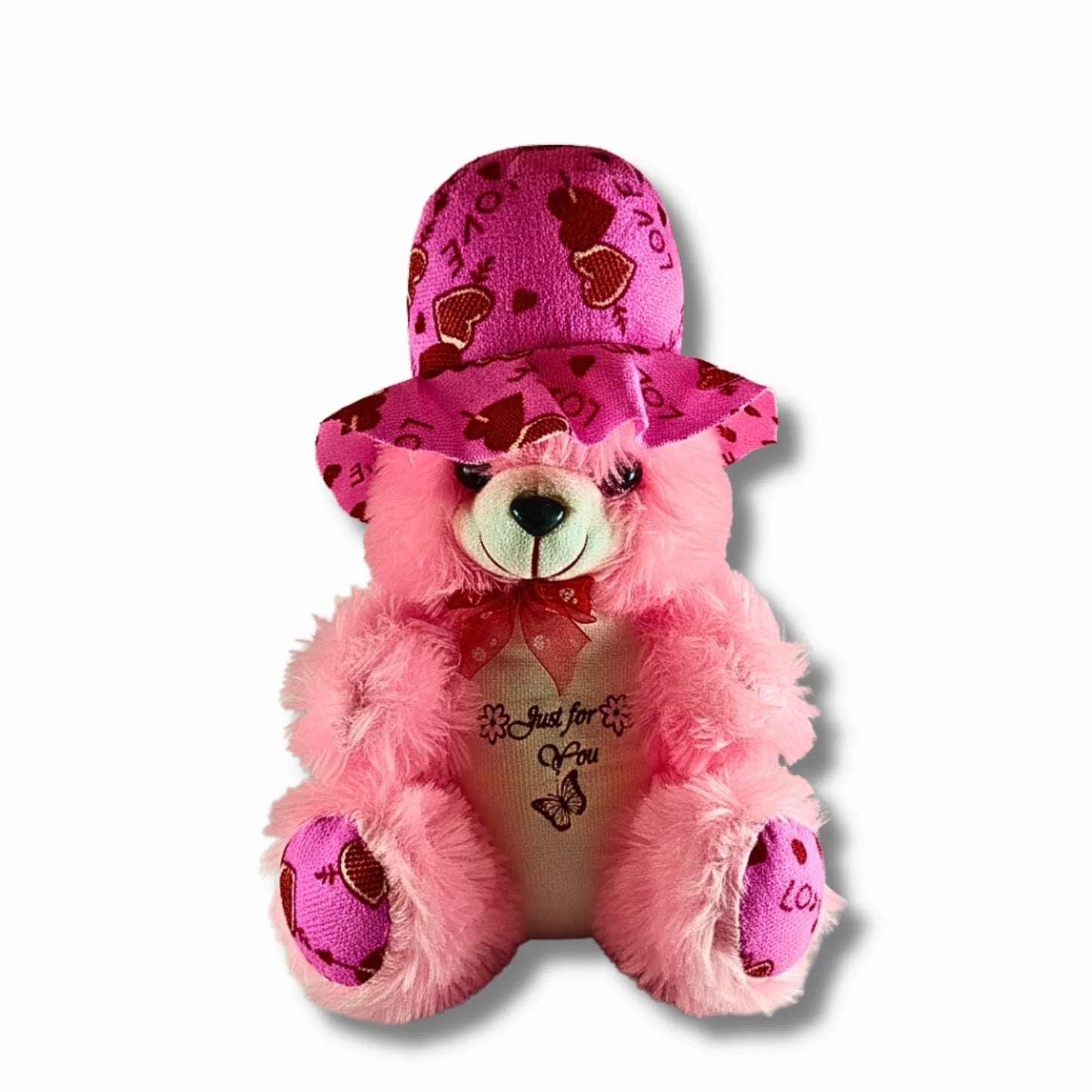 30cm Pink Teddy Bear with Love Print Hat | Soft Plush Teddy Gift for Girls, Kids, Valentine's Day & Special Occasions