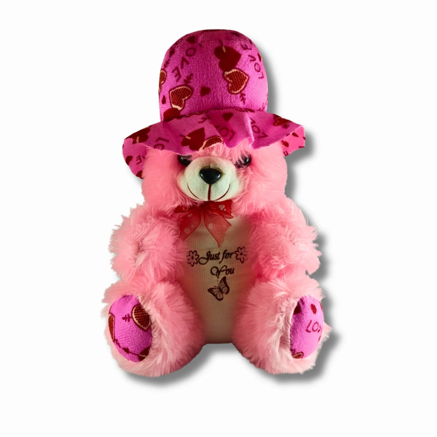 30cm Pink Teddy Bear with Love Print Hat | Soft Plush Teddy Gift for Girls, Kids, Valentine's Day & Special Occasions