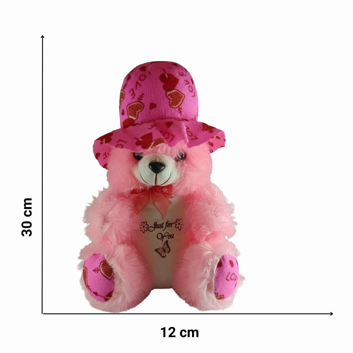 30cm Pink Teddy Bear with Love Print Hat | Soft Plush Teddy Gift for Girls, Kids, Valentine's Day & Special Occasions