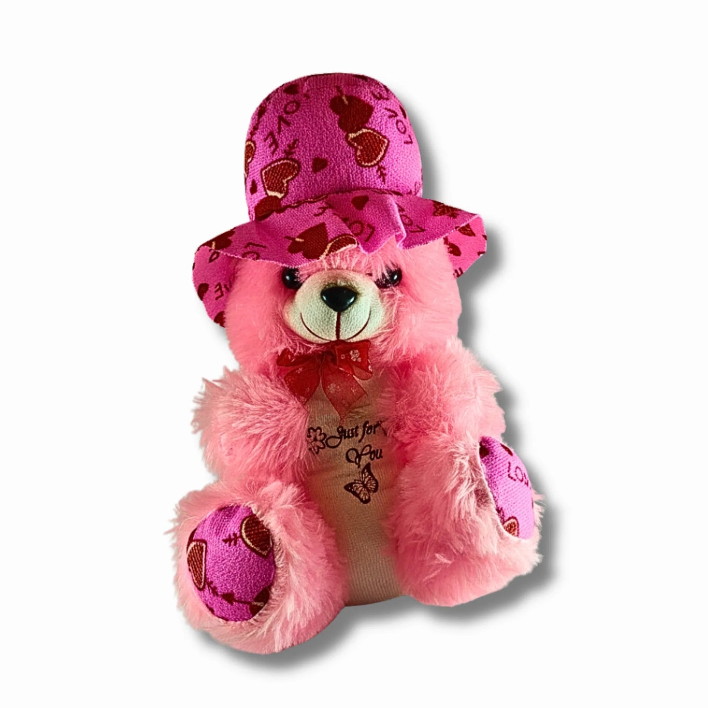 30cm Pink Teddy Bear with Love Print Hat | Soft Plush Teddy Gift for Girls, Kids, Valentine's Day & Special Occasions
