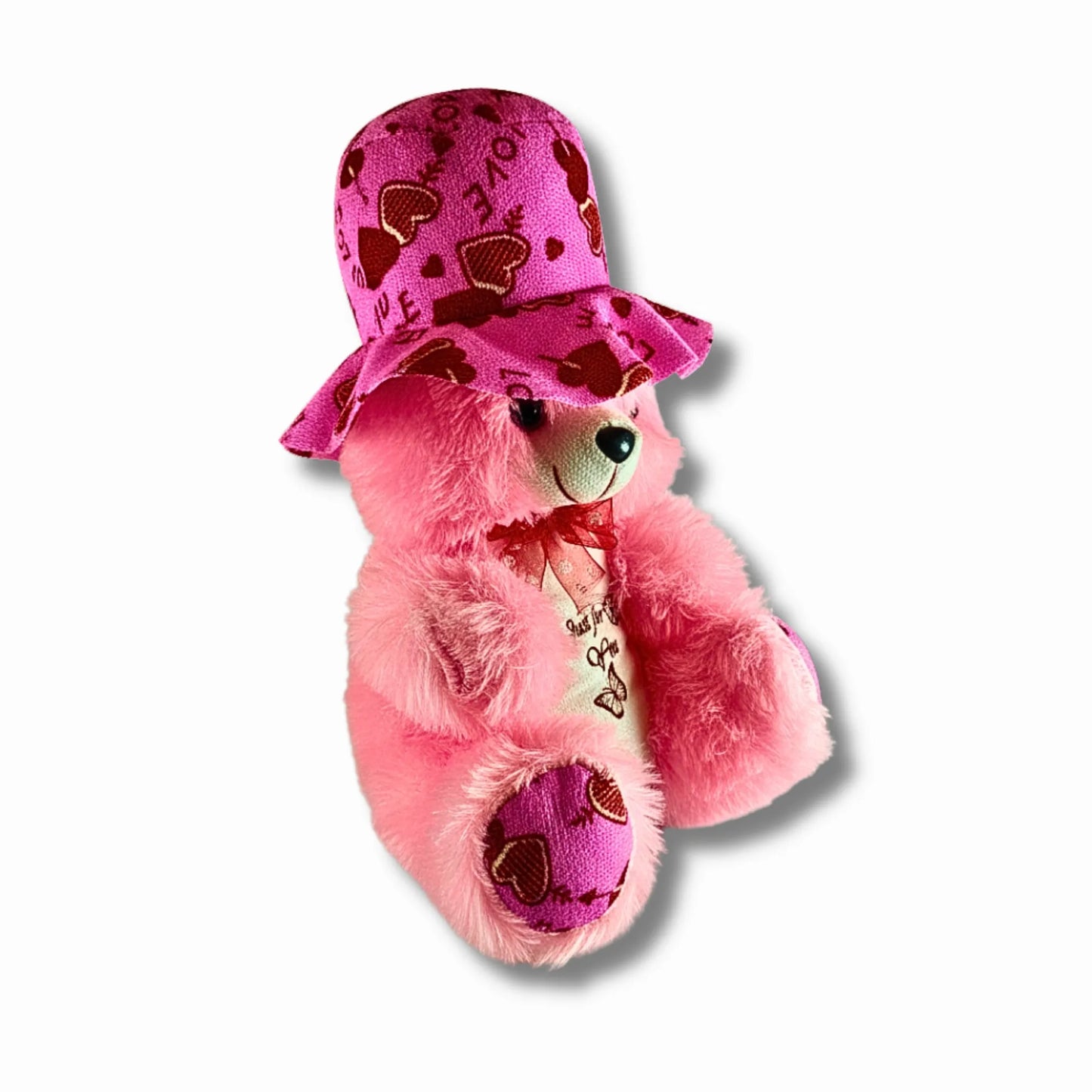 30cm Pink Teddy Bear with Love Print Hat | Soft Plush Teddy Gift for Girls, Kids, Valentine's Day & Special Occasions