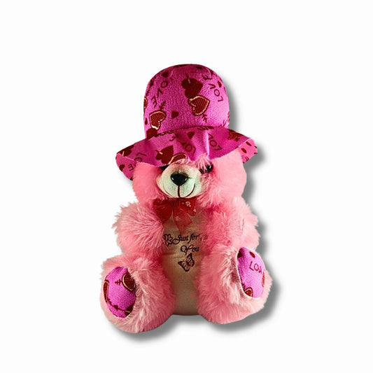 30cm Pink Teddy Bear with Love Print Hat | Soft Plush Teddy Gift for Girls, Kids, Valentine's Day & Special Occasions