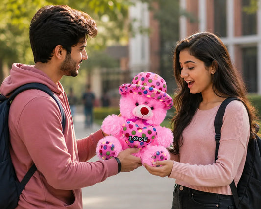 Pink Teddy Bear with Polka Dot Hat & Love Heart Cushion | Cute Soft Plush Teddy Bear Toy for Kids, Girls & Gift Giving