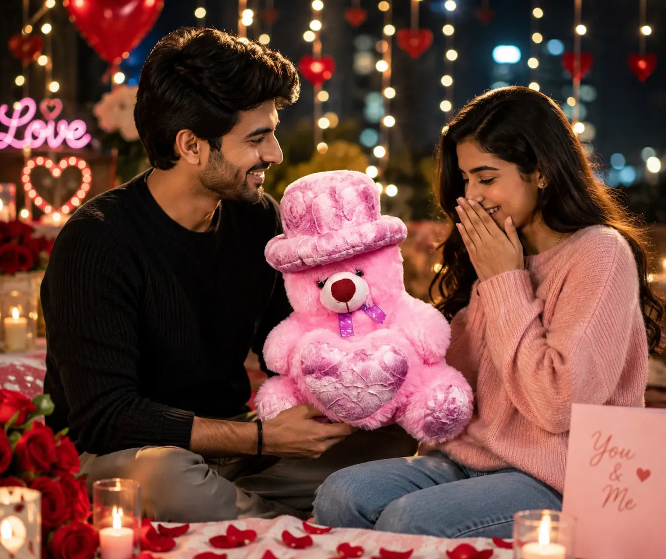 Pink Teddy Bear with Stylish Hat & Heart Cushion | Soft Plush Teddy Bear for Gifts, Kids & Home Décor