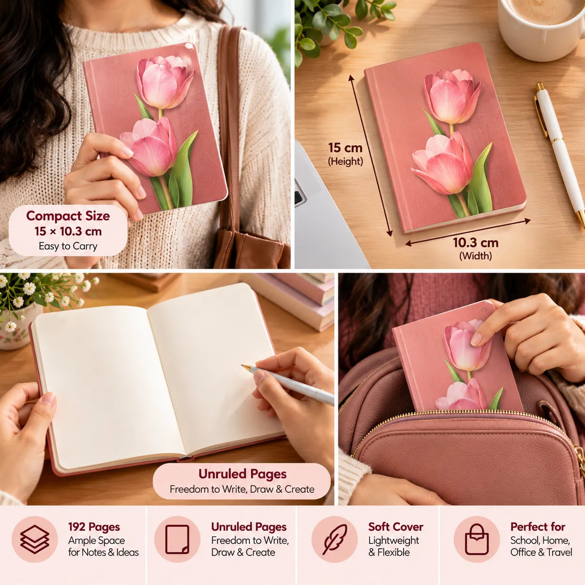 Pink Tulip Floral Notebook – Soft Cover Ruled Diary, 192 Pages, 15 × 10.3 cm