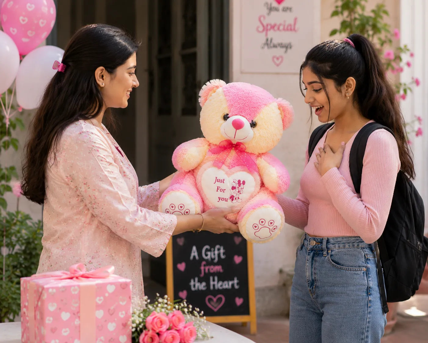 Pink Teddy Bear with Heart Cushion | Soft Plush Teddy Bear Gift for Kids, Girls & Loved Ones | Cute Stuffed Teddy Toy