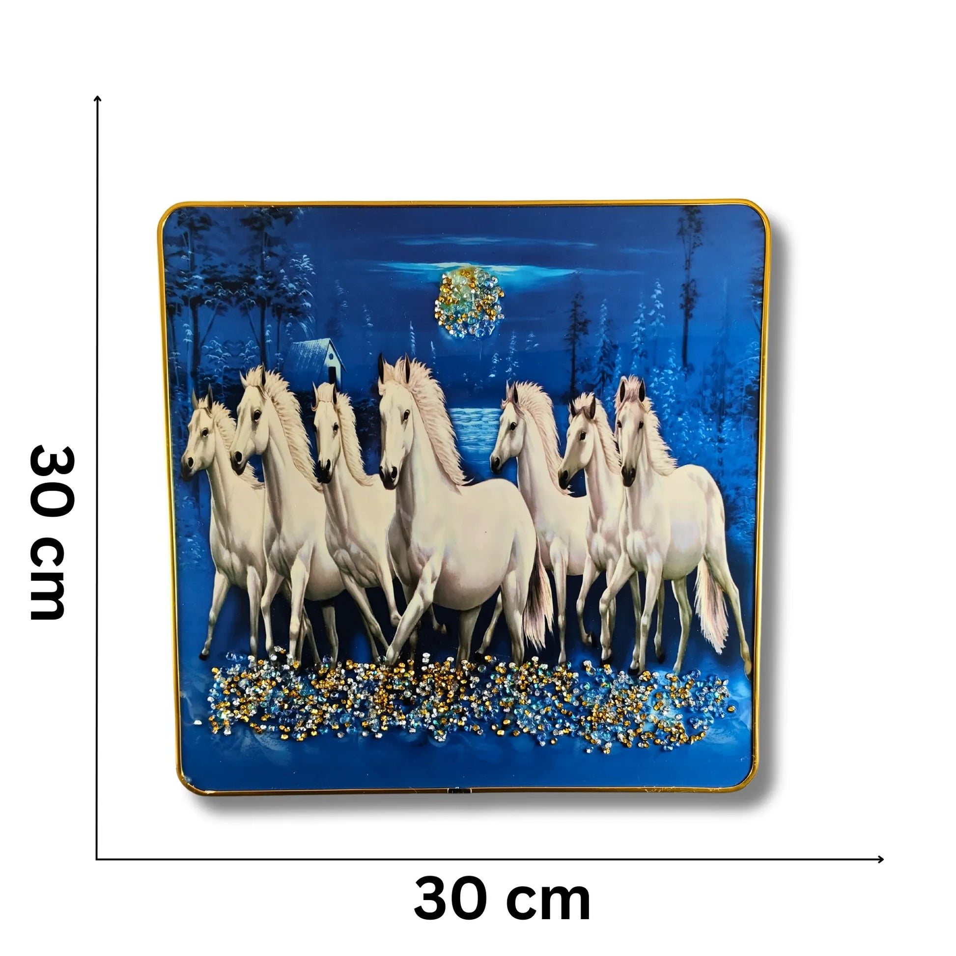 Decorative plate with a design of white horses and a blue background, shown with dimensions.