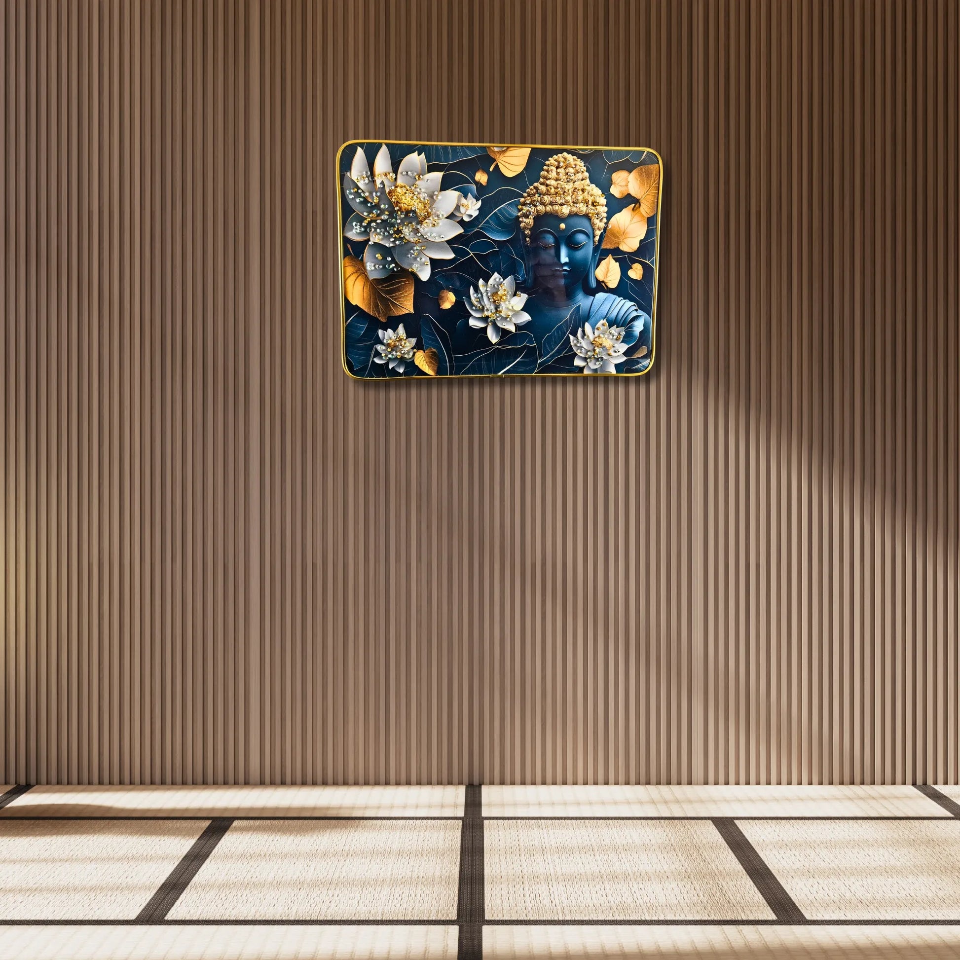 Decorative wall art with floral and Buddha design on a brown wall.