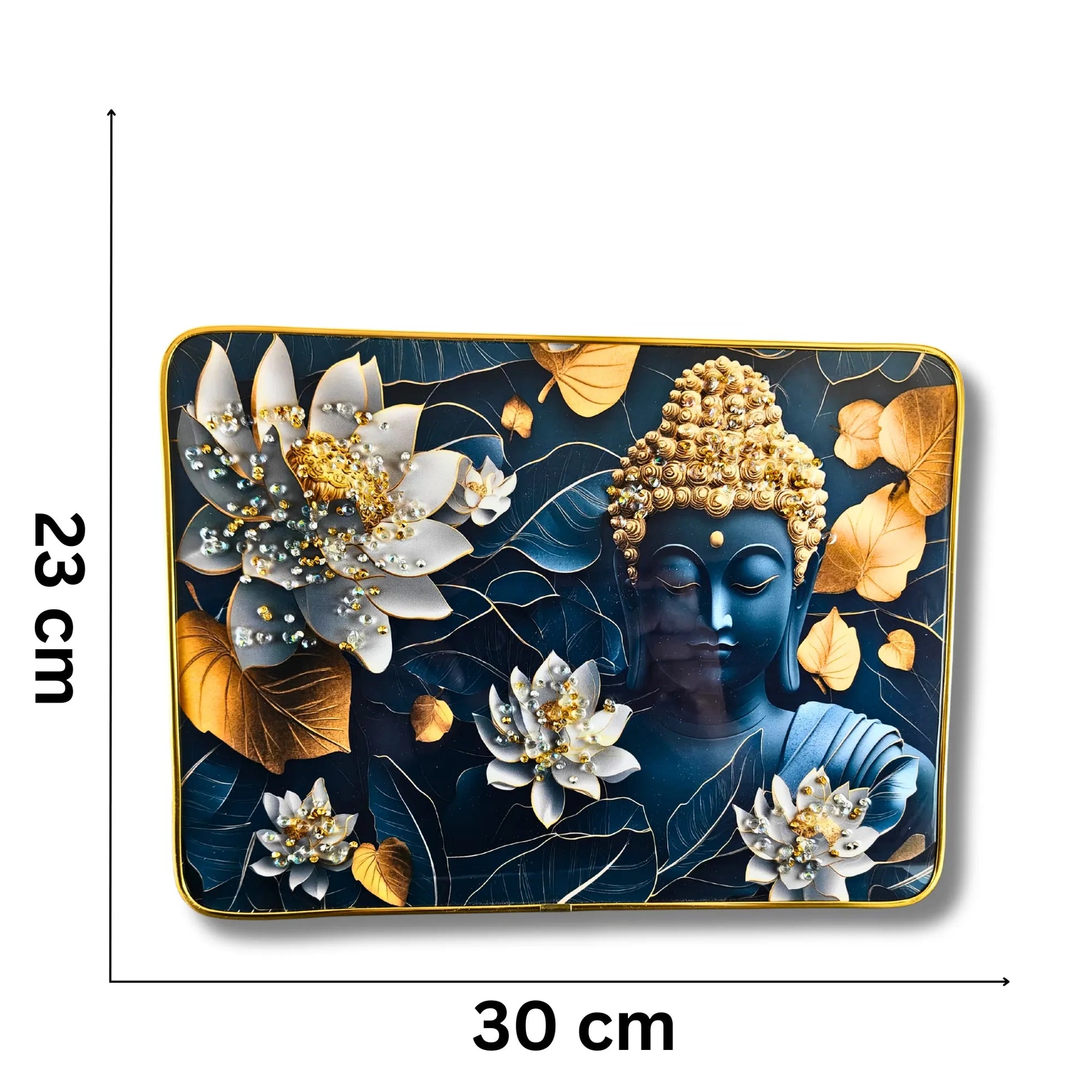 Decorative panel with Buddha face and floral design, shown with dimensions on a white background.