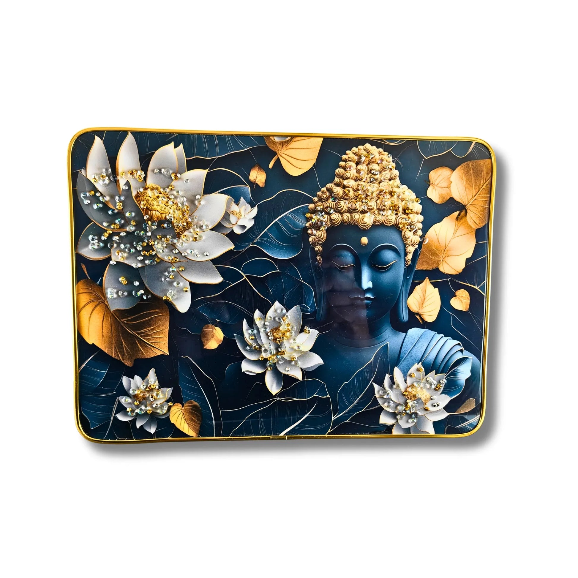 Decorative plate with a blue Buddha face surrounded by flowers and leaves on a dark blue background