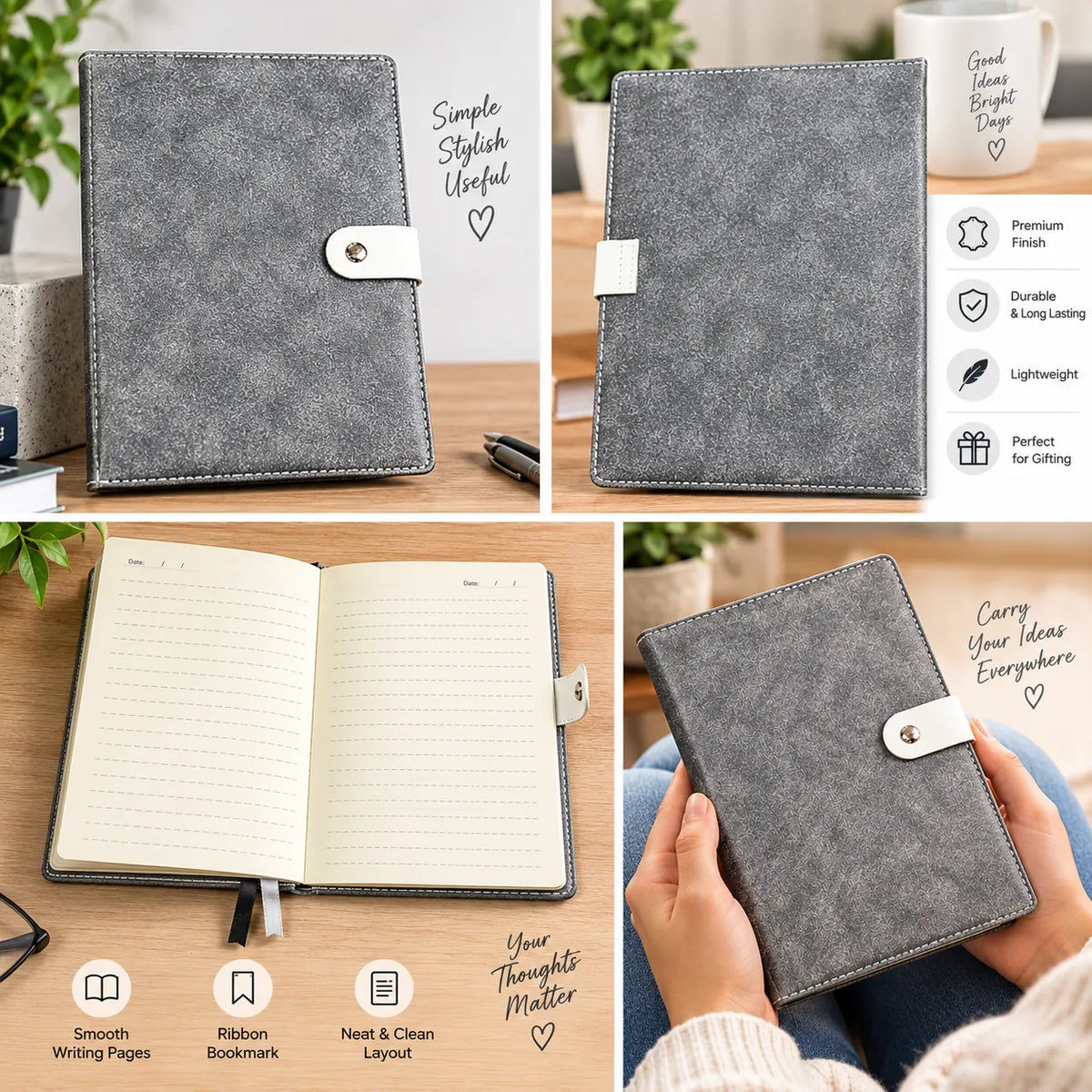 Premium Textured Lined Notebook with Button Closure | Grey, Blue & Beige