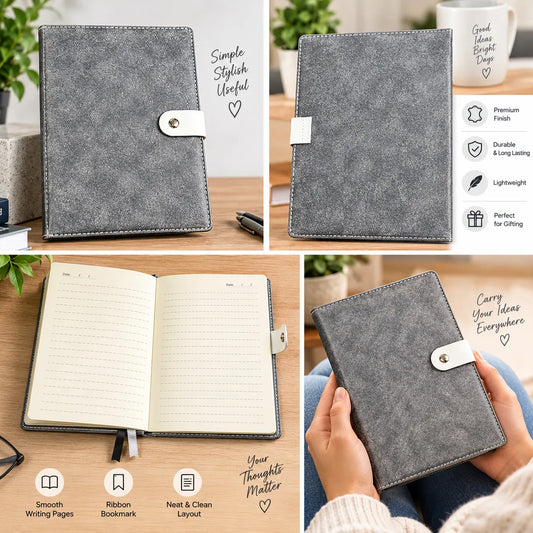 Premium Textured Lined Notebook with Button Closure | Grey, Blue & Beige