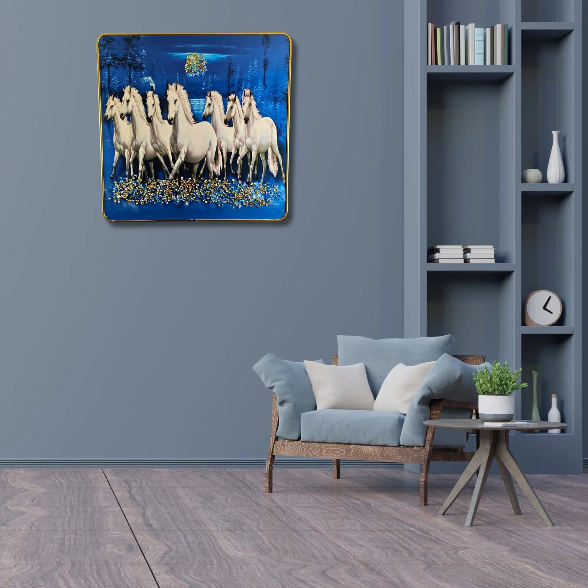 Living room with a blue wall, sofa, and decorative wall art featuring horses.