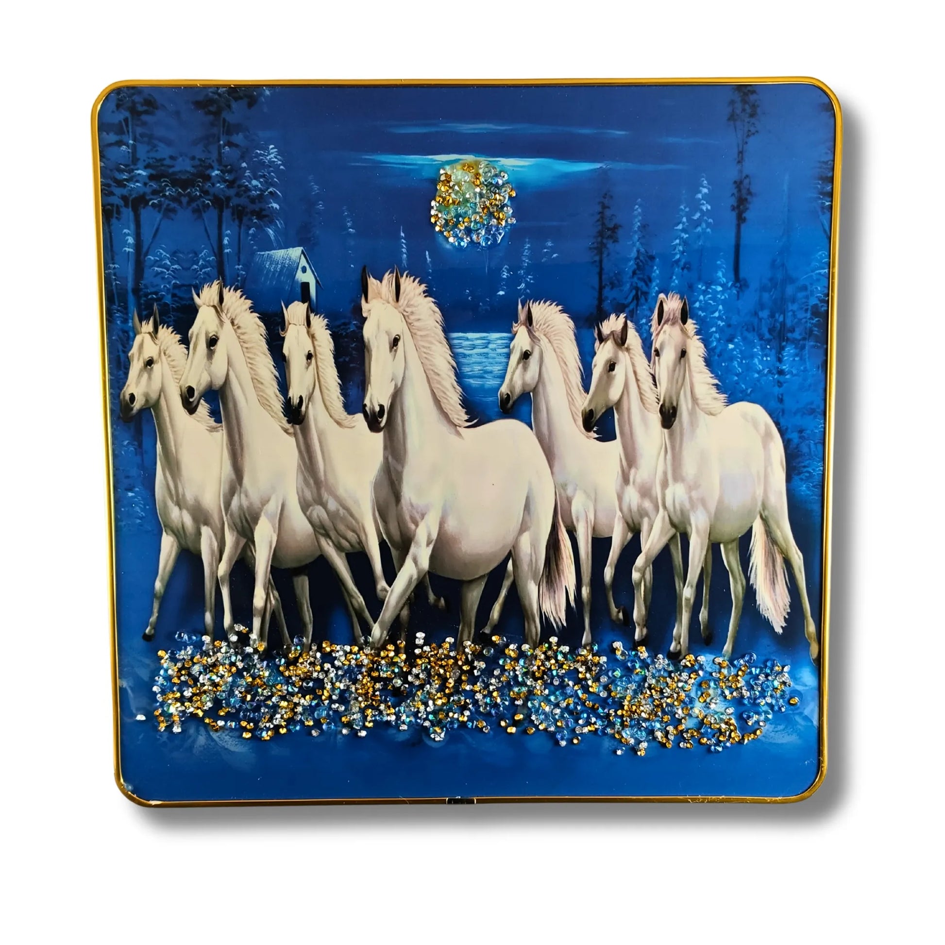 Decorative plate with a design of white horses running on a blue background