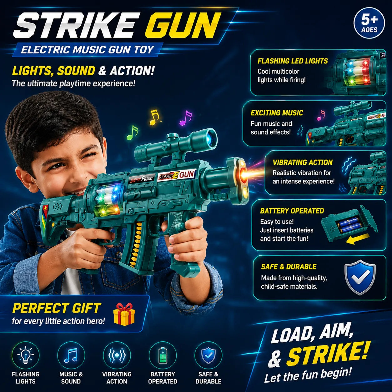 Projection Music Strike Electric Gun Toy for Kids | Battery Operated Light, Music & Projection Toy Gun | Action Play Toy for Boys & Girls 5+ Years