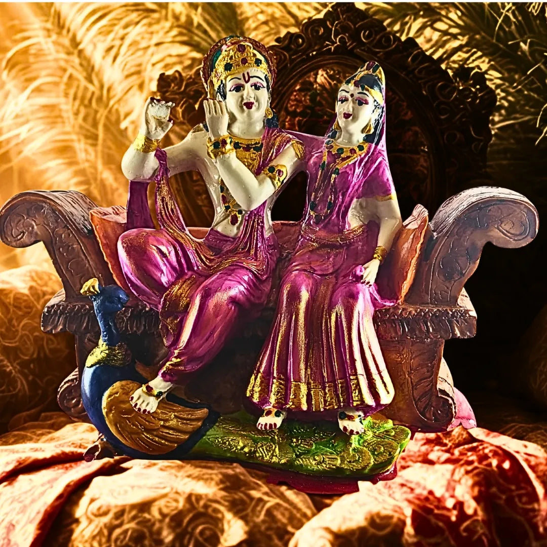 Radha Krishna Idol on Sofa with Peacock – Saadhya Decors