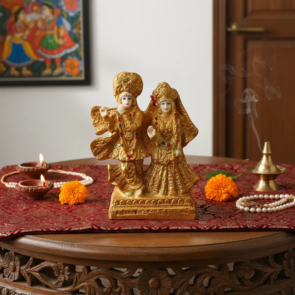 Radha Krishna in Braj – Golden Decorative Idol