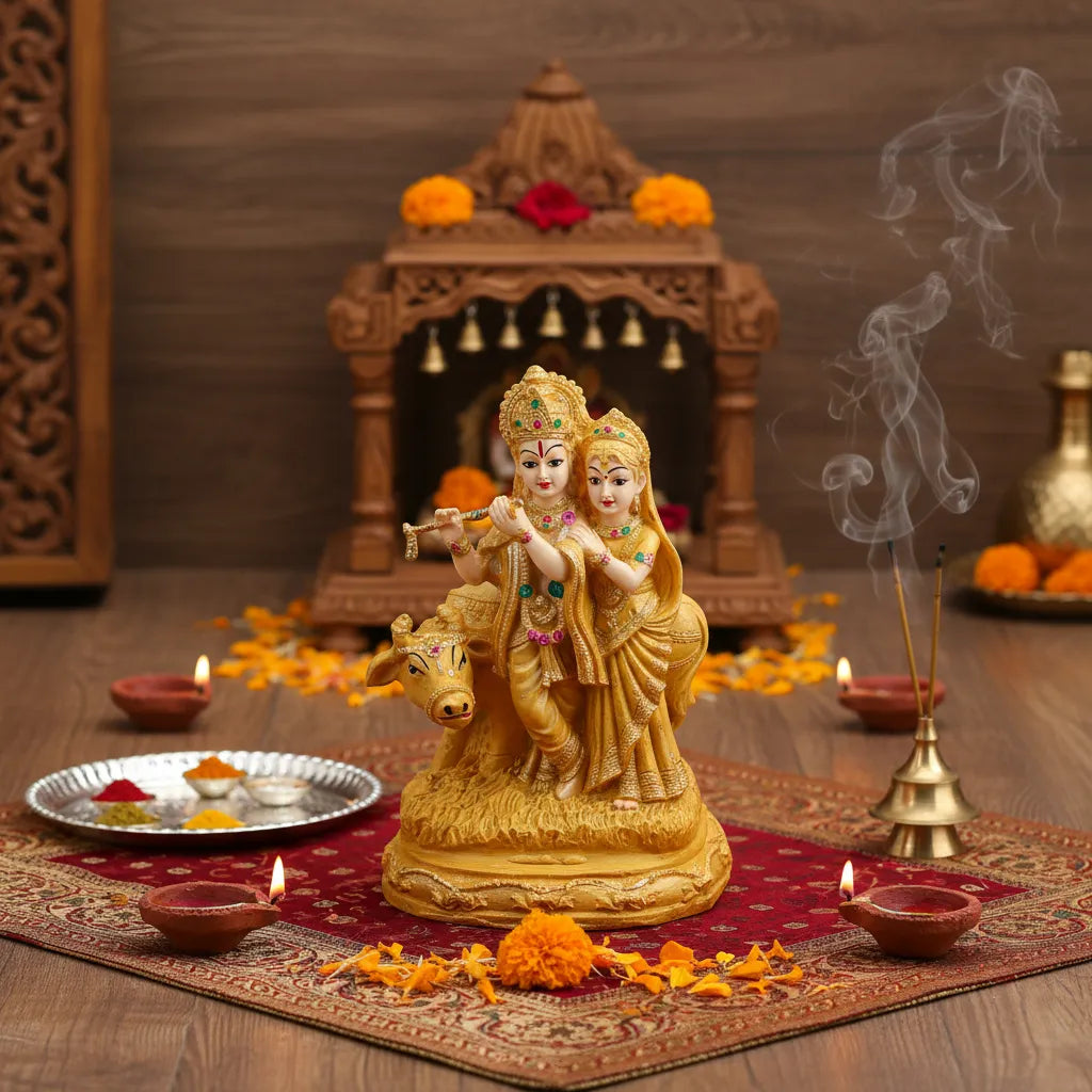Radha Krishna with Cow Idol