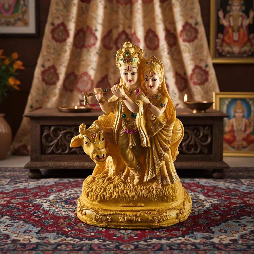 Radha Krishna with Cow Idol