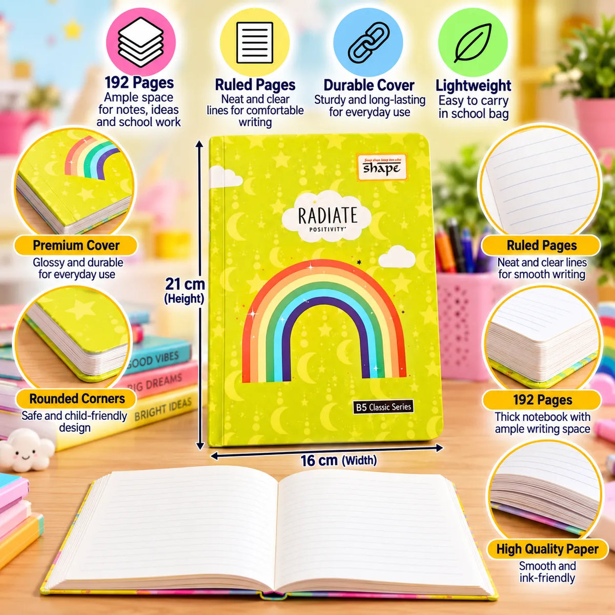 Radiate Positivity Rainbow Ruled Notebook – 16 × 21 cm, 192 Pages