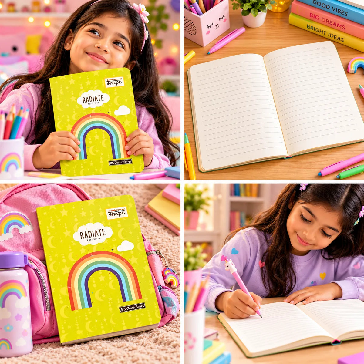 Radiate Positivity Rainbow Ruled Notebook – 16 × 21 cm, 192 Pages