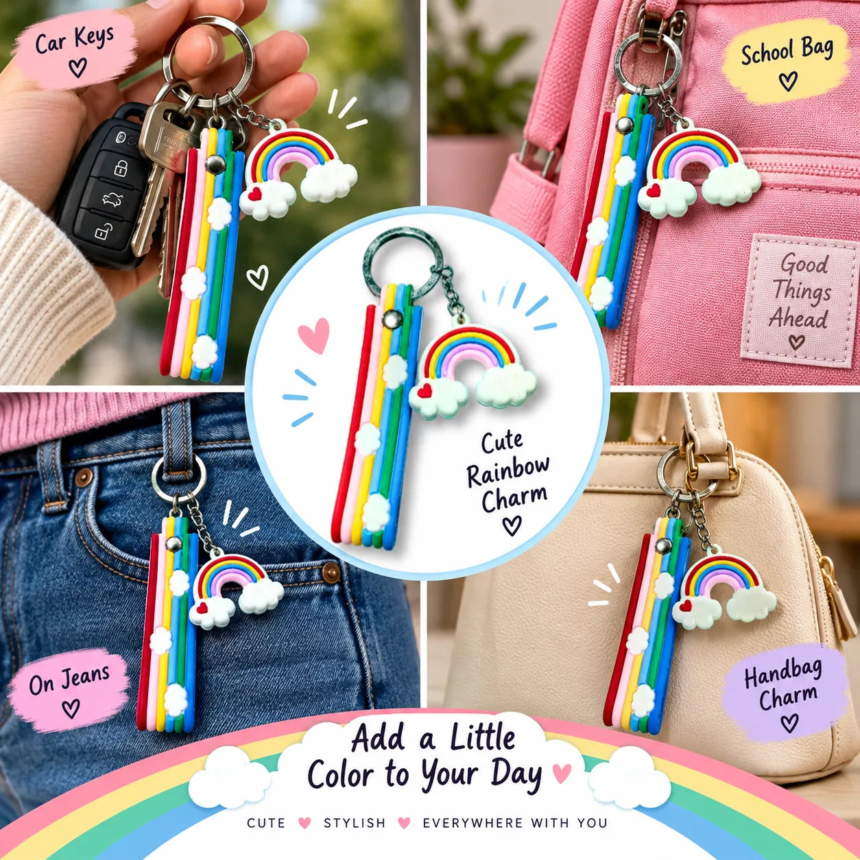 Rainbow Cloud Charm Keychain – Colorful Cute Keyring for Bags, Backpacks & Pouches