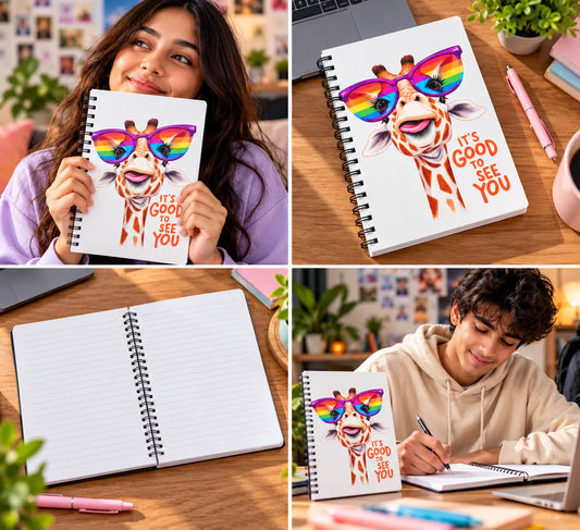 Rainbow Giraffe Spiral Notebook – 14 × 21 cm, 160 Pages, Ruled