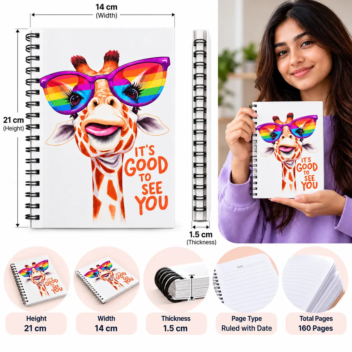 Rainbow Giraffe Spiral Notebook – 14 × 21 cm, 160 Pages, Ruled