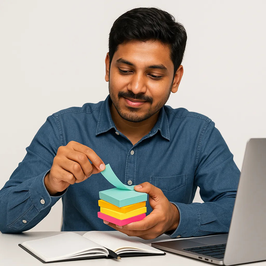 Man holding colorful sticky notes with a laptop and notebook on a white background