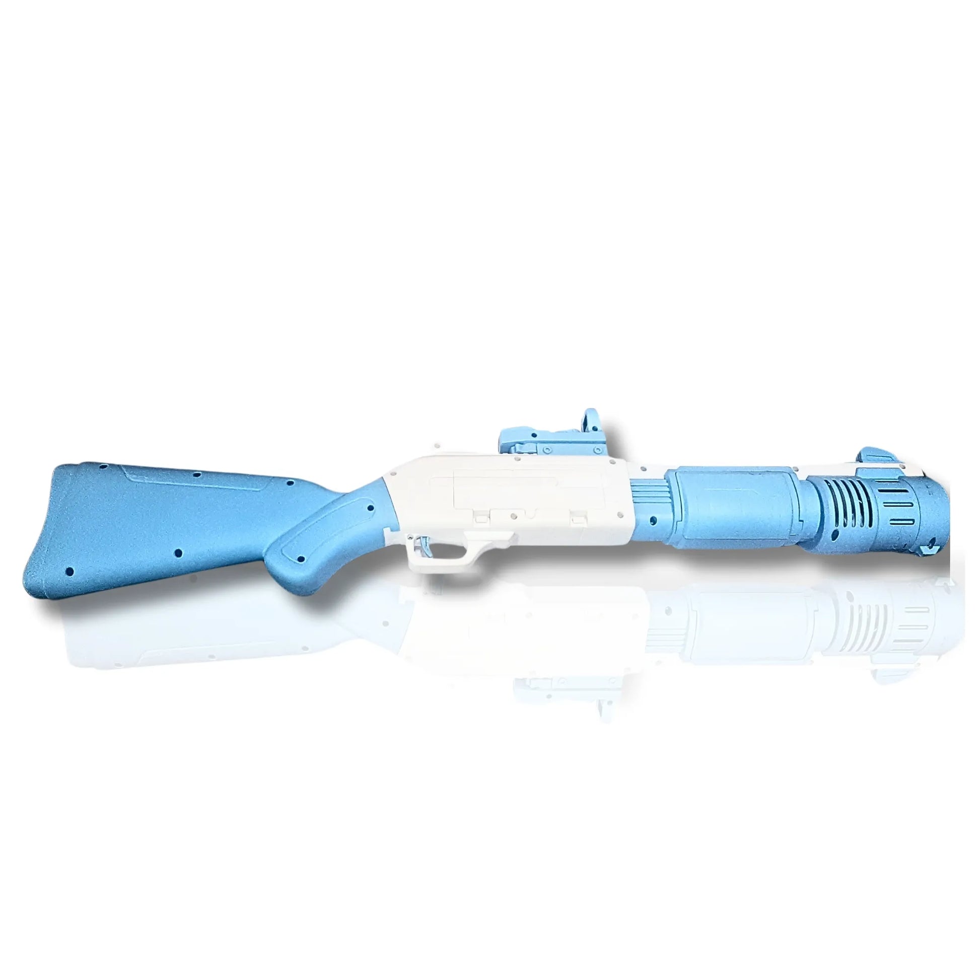 Blue and white toy gun on a white background