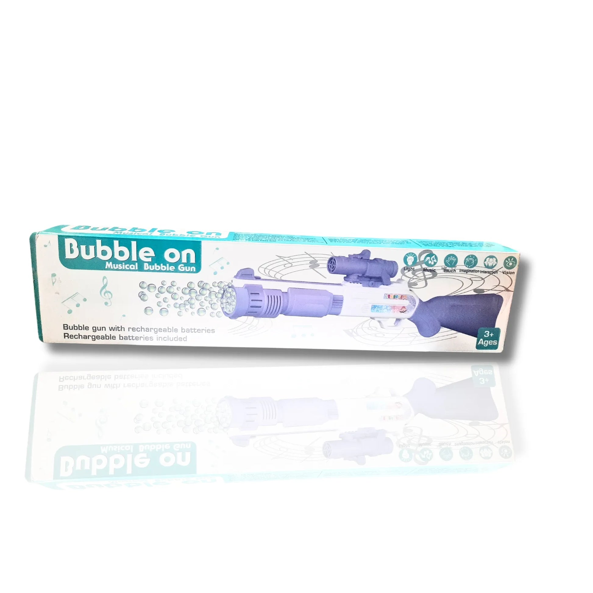 Boxed bubble gun with branding on a white background