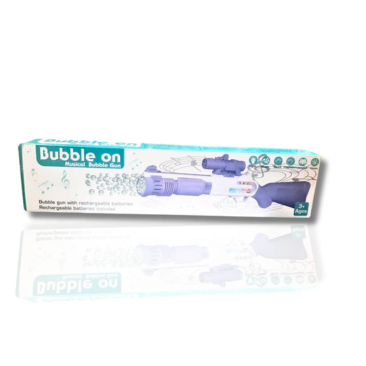 Boxed bubble gun with branding on a white background