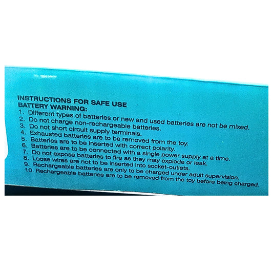 Blue label with battery usage instructions on a white background