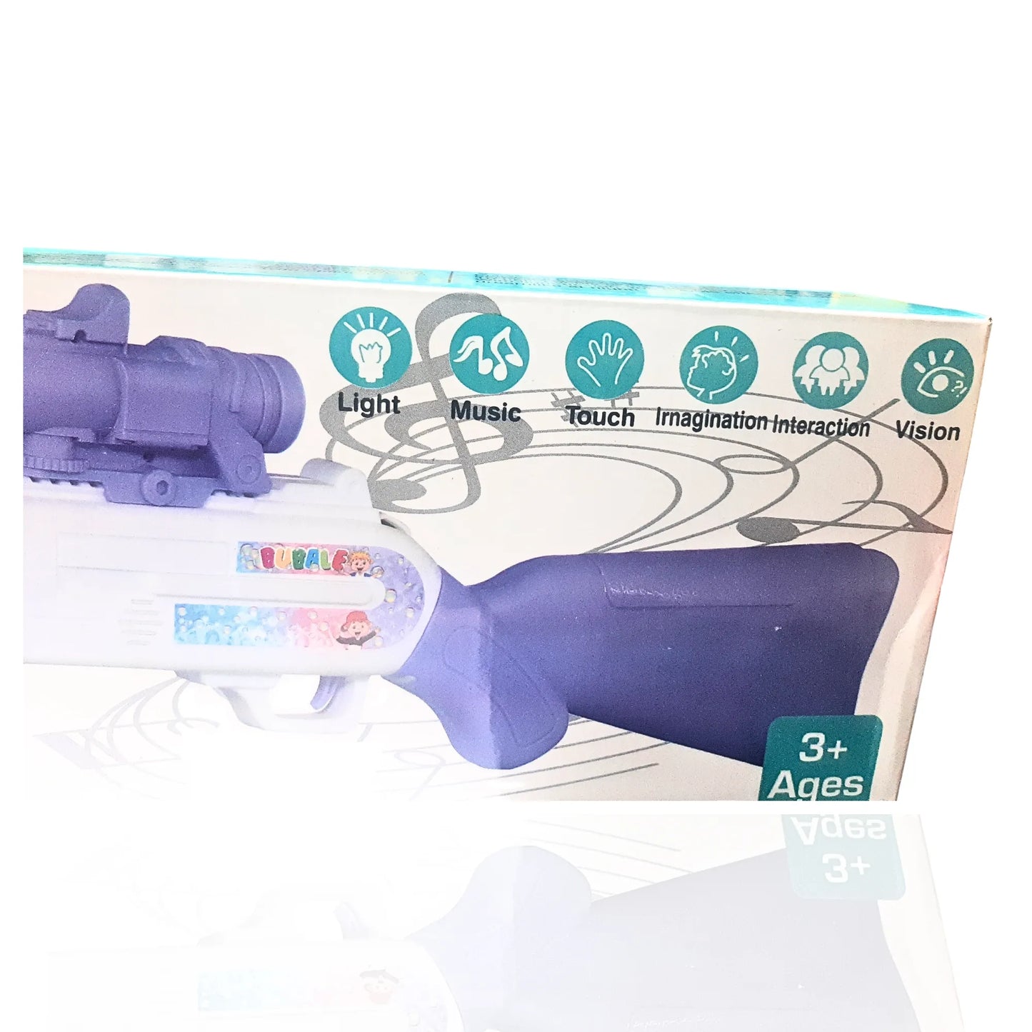 Toy gun packaging with educational icons and age recommendation on a white background