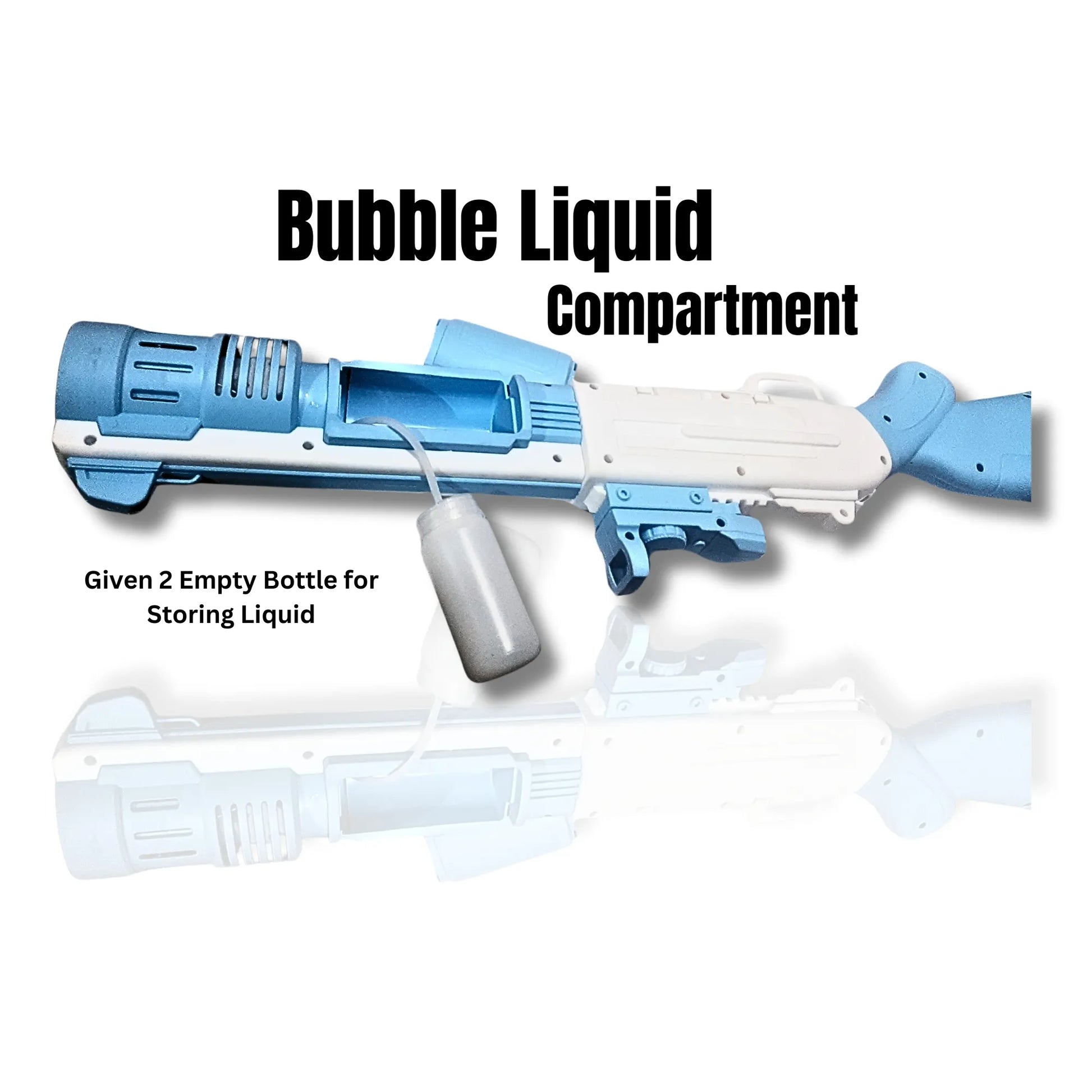 Blue and white bubble gun with text indicating bubble liquid compartment on a white background