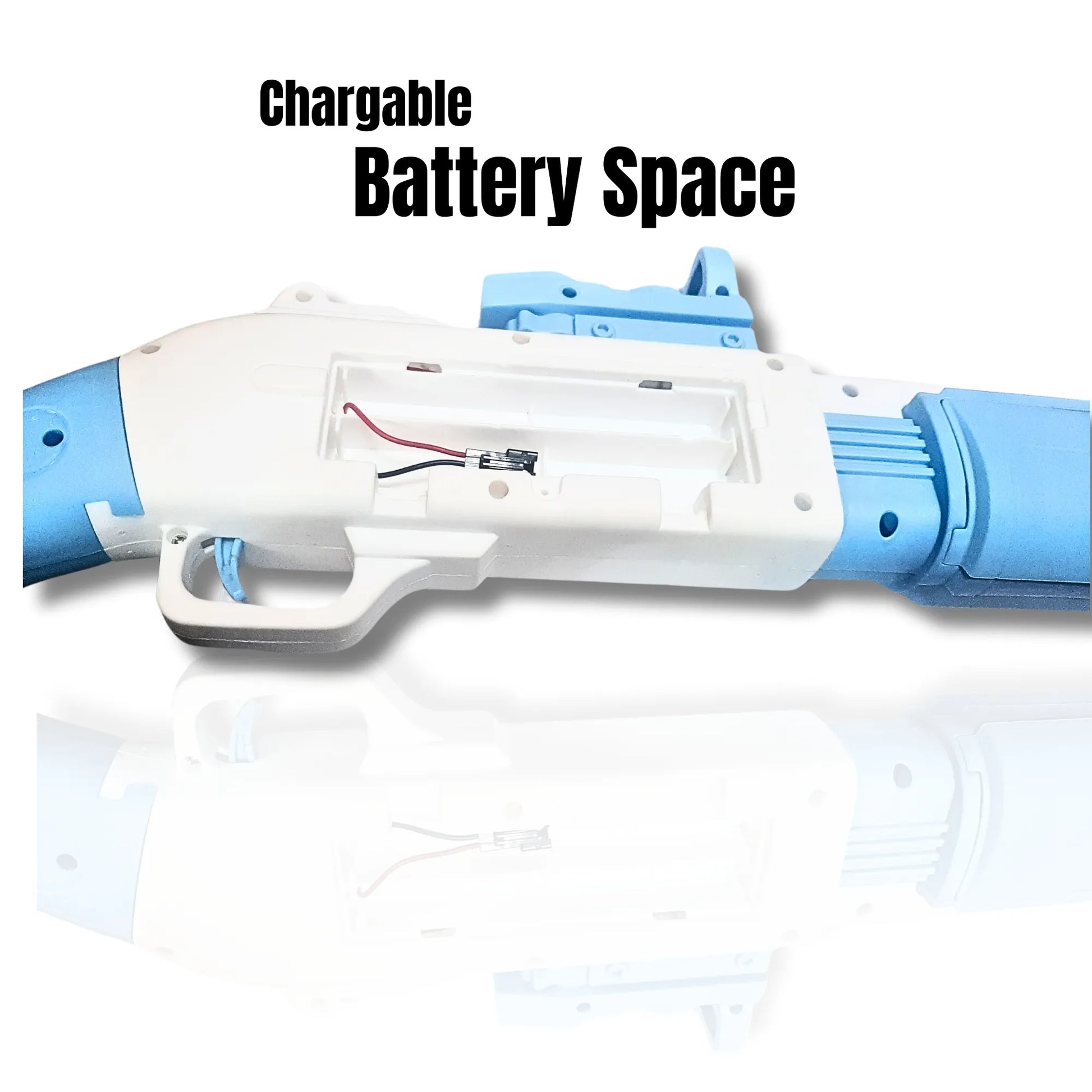 Toy blaster with visible battery compartment on a white background