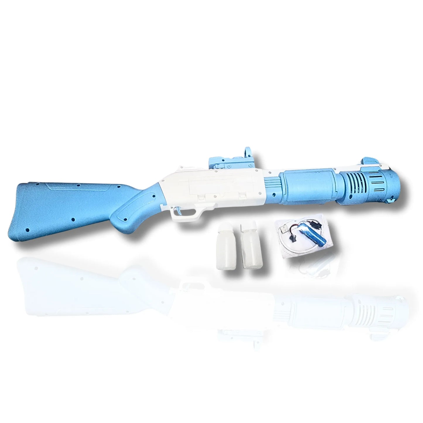 Toy gun with blue and white design on a white background