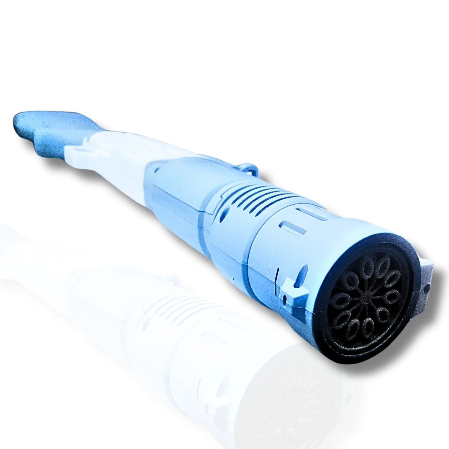 Blue and white cleaning tool on a white background