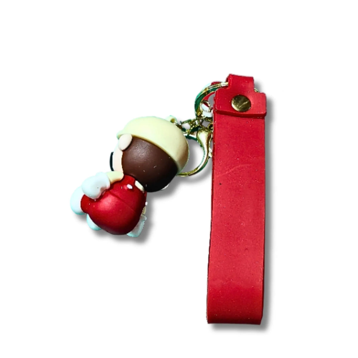 A red leather keychain strap with a small cartoon character charm, shown on a plain white background.