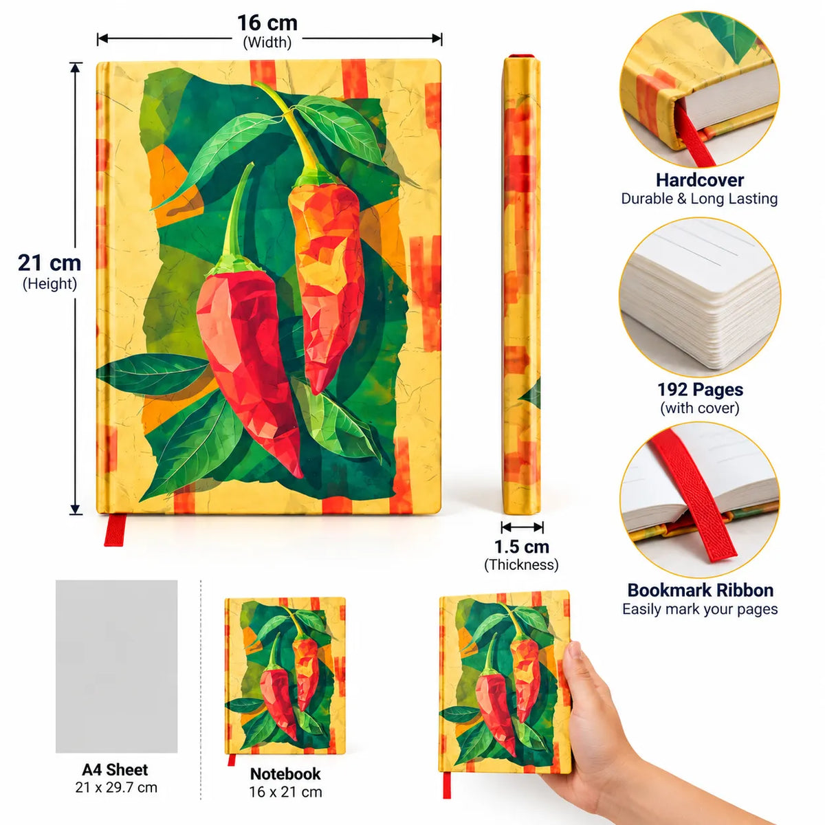 Red Chilli Art Hardcover Ruled Notebook – 16 × 21 cm | 124 & 192 Pages