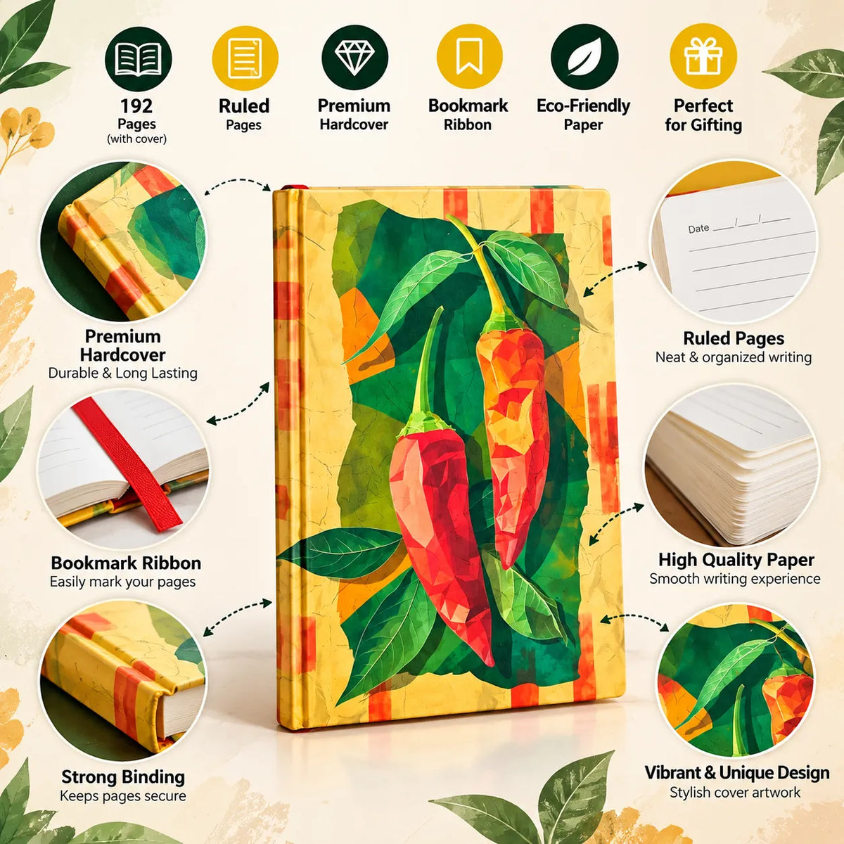 Red Chilli Art Hardcover Ruled Notebook – 16 × 21 cm | 124 & 192 Pages