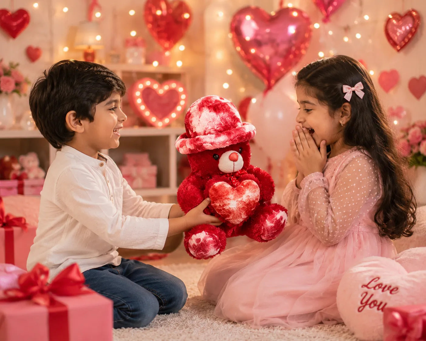 32cm Red Teddy Bear with Velvet Cap & Heart Cushion | Soft Plush Teddy Bear Gift for Kids, Girlfriend, Birthday & Valentine's Day