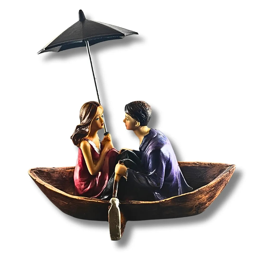 Romantic Couple in Boat with Umbrella Showpiece | Cute Couple Statue for Home Decor & Gifting