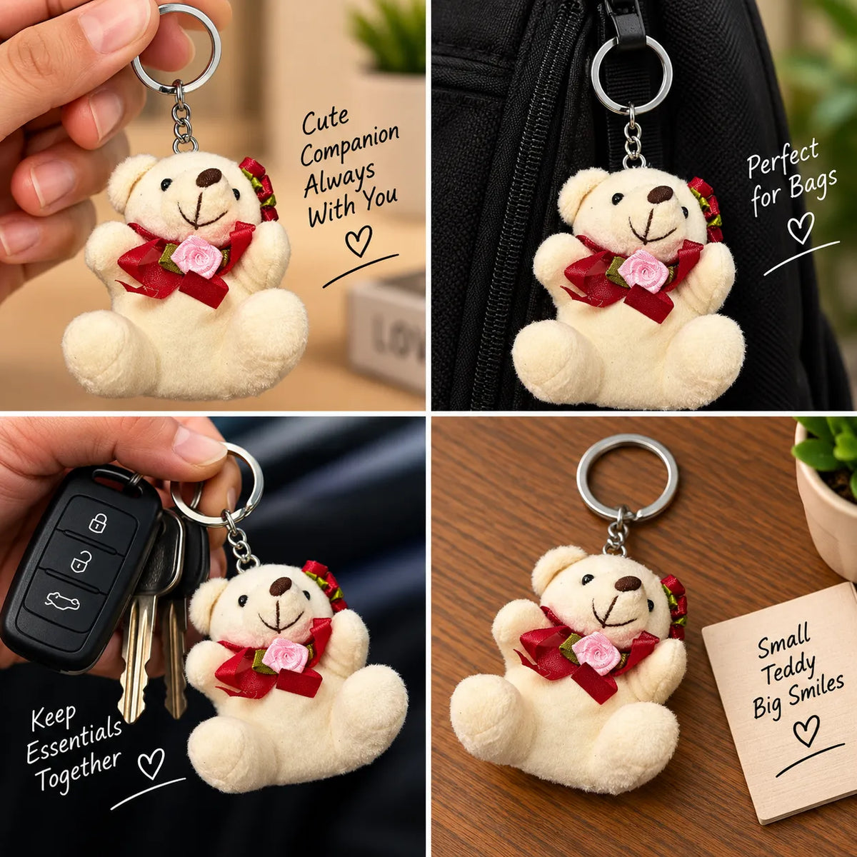 Roselle Cuddle Teddy Plush Keychain with Red Bow & Rose
